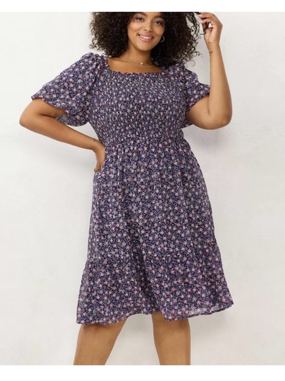 LC Lauren Conrad Purple Floral Smocked Midi Dress
